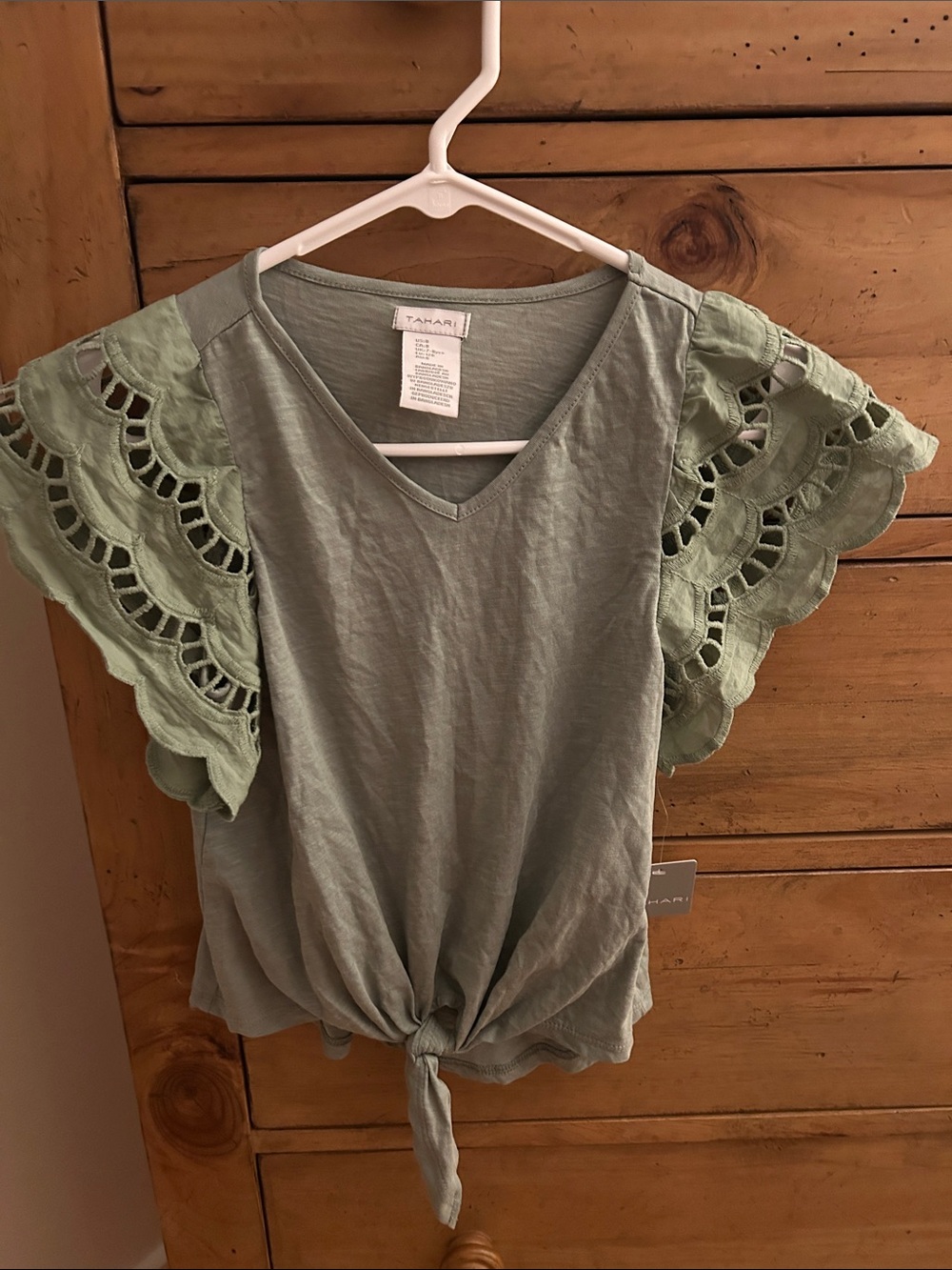 Tahari Sage Green Tie-Front Eyelet Sleeve Blouse
